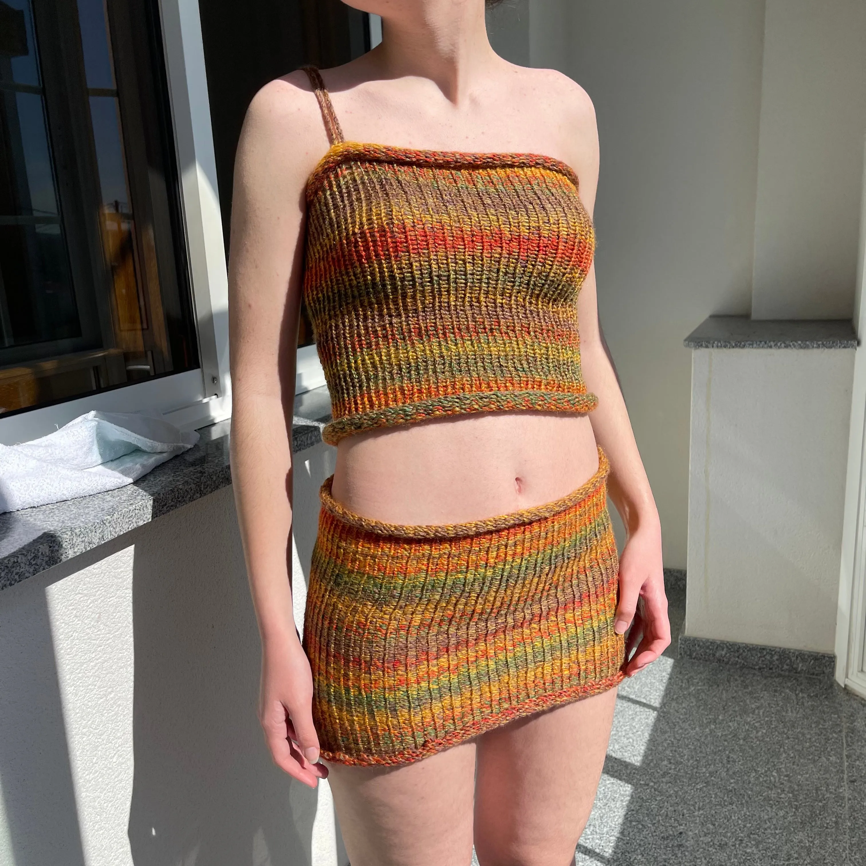 Handmade knitted mini skirt in earth tones