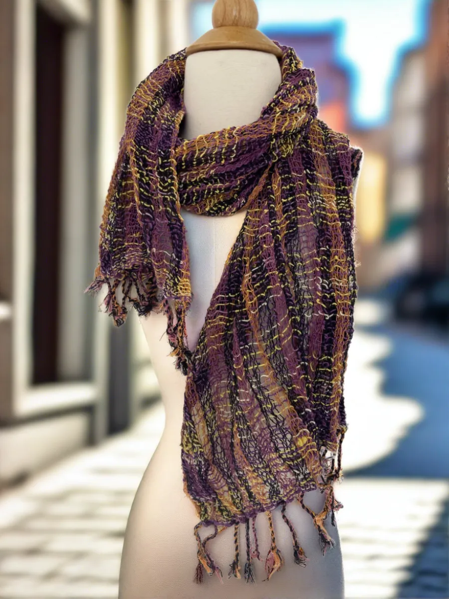 Handwoven Open Weave Cotton Scarf - Multi Black-Purple-Gold