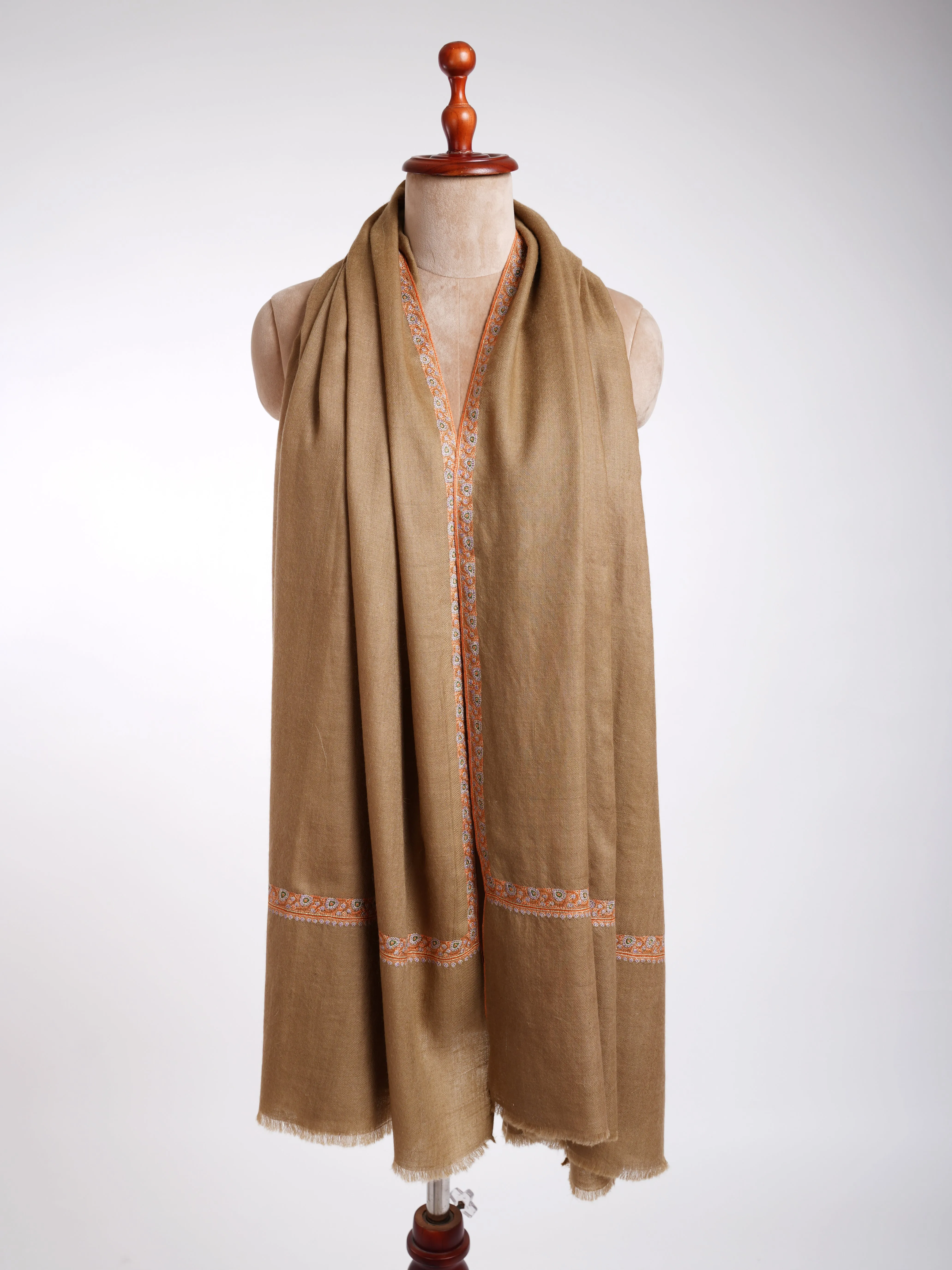 Hashidar Border Sozni Embroidery Pashmina Shawl Caramel