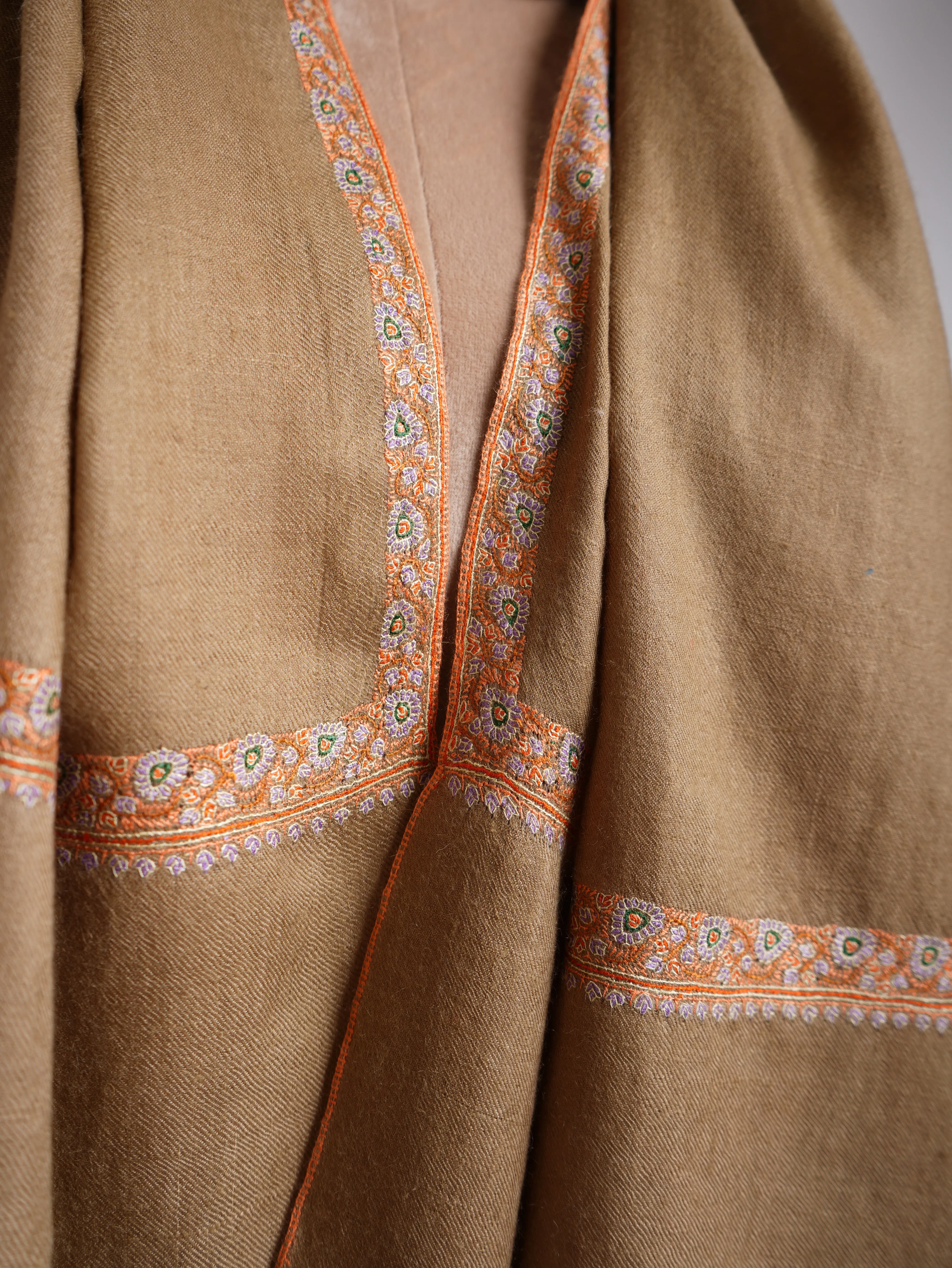 Hashidar Border Sozni Embroidery Pashmina Shawl Caramel