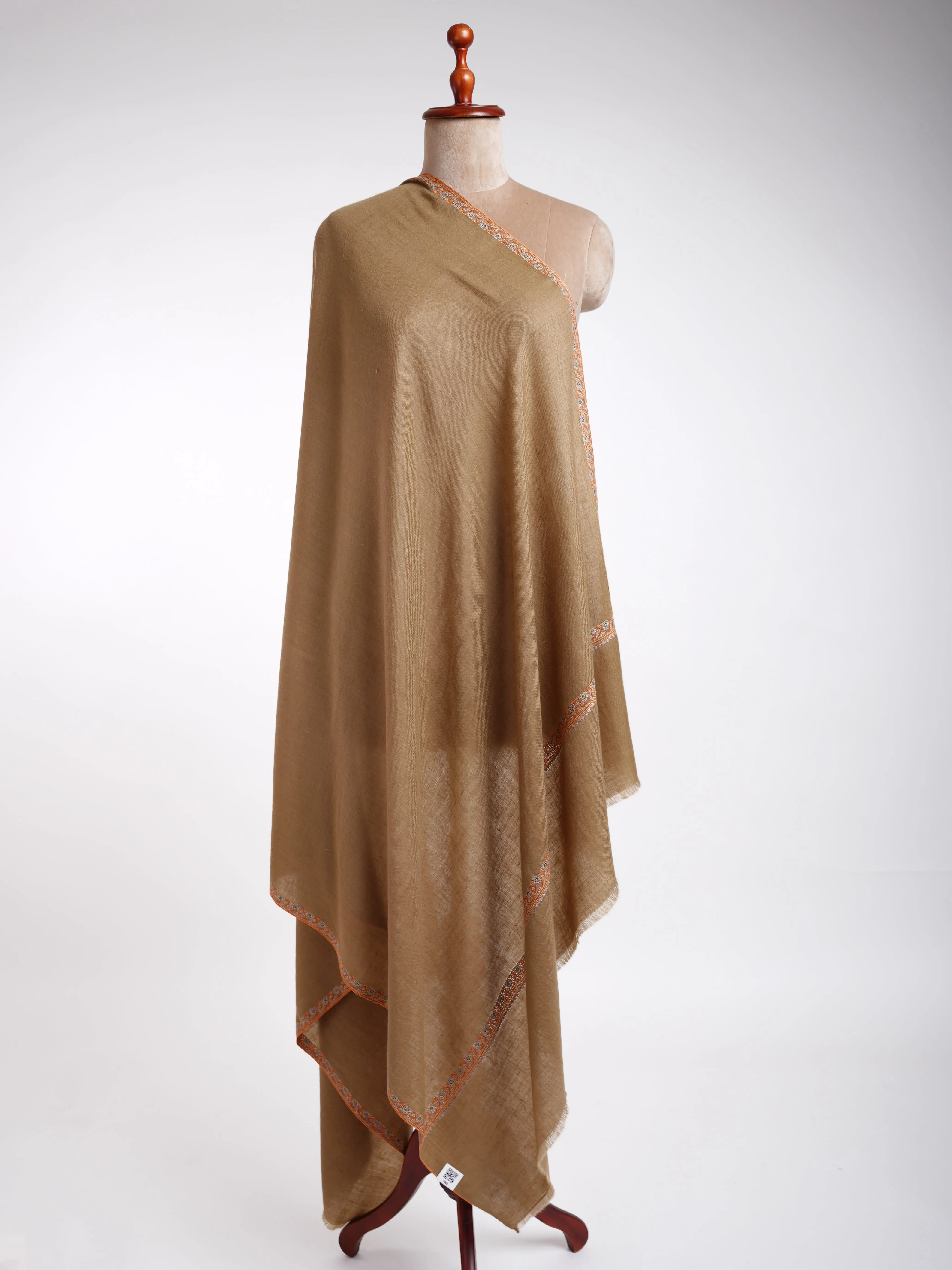 Hashidar Border Sozni Embroidery Pashmina Shawl Caramel