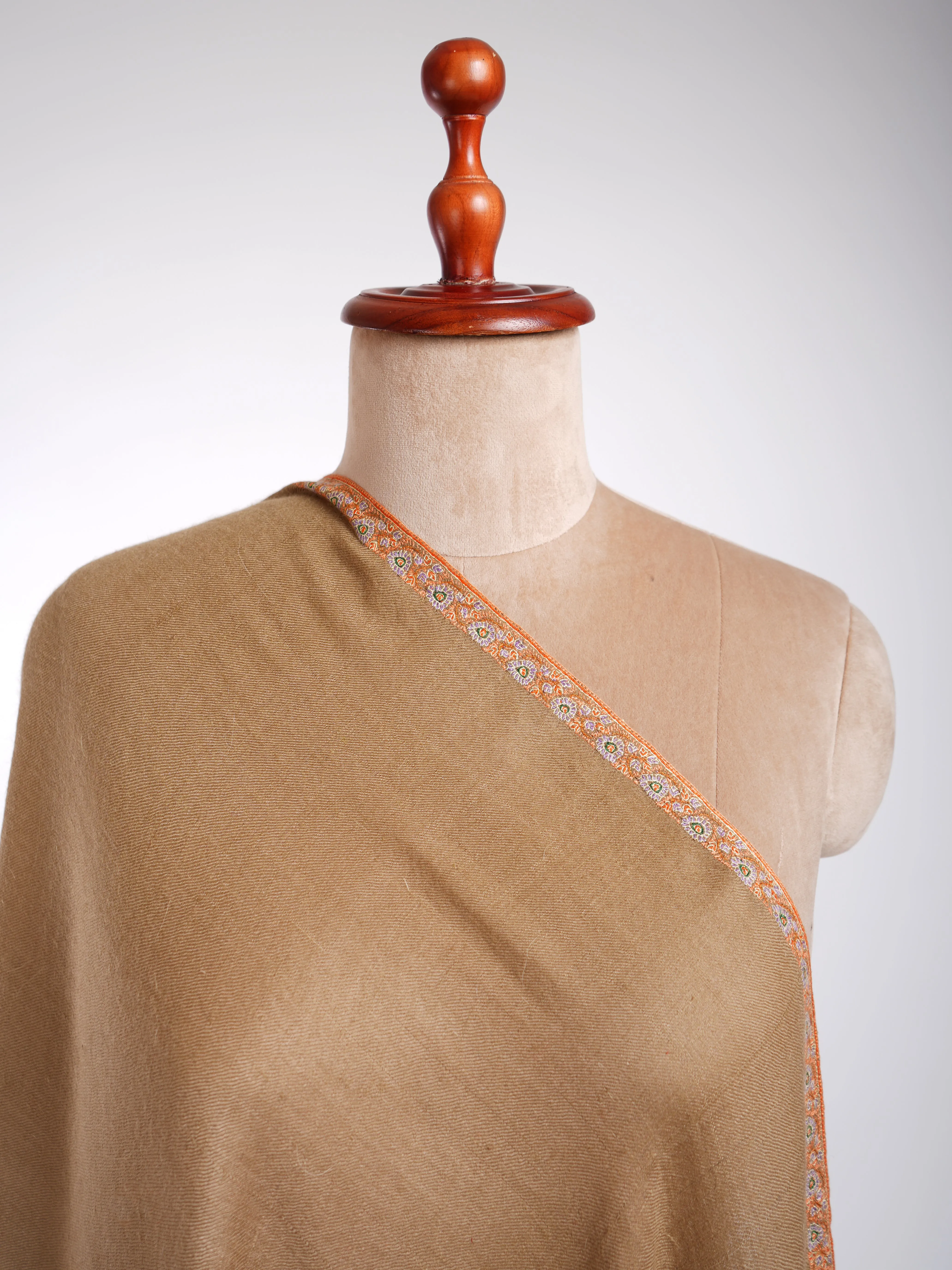 Hashidar Border Sozni Embroidery Pashmina Shawl Caramel