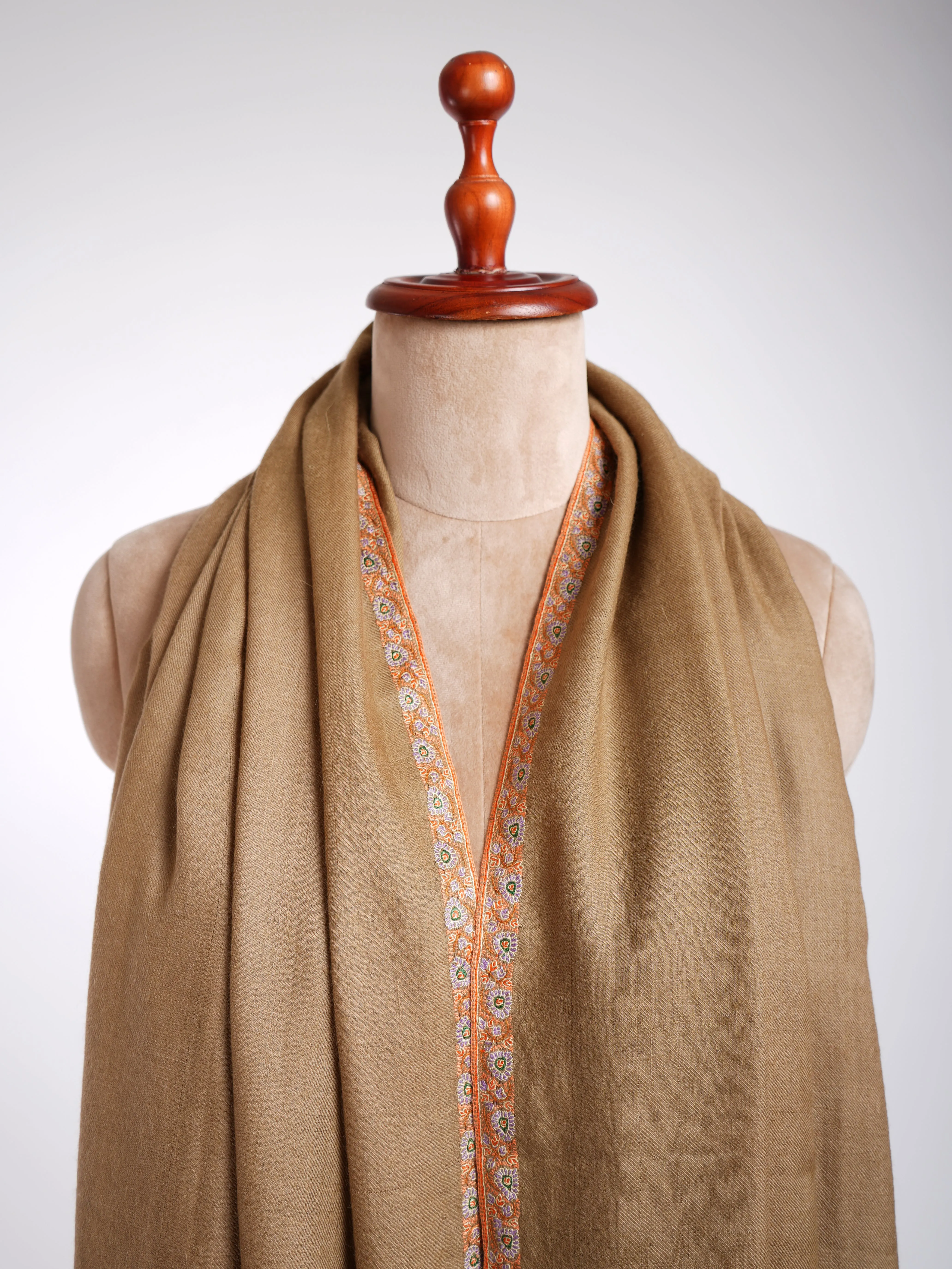 Hashidar Border Sozni Embroidery Pashmina Shawl Caramel