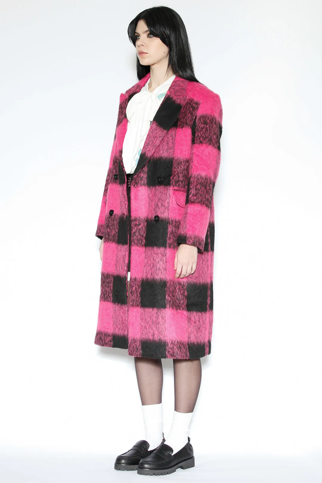 Heavy Wool Pink Black Plaid Coat