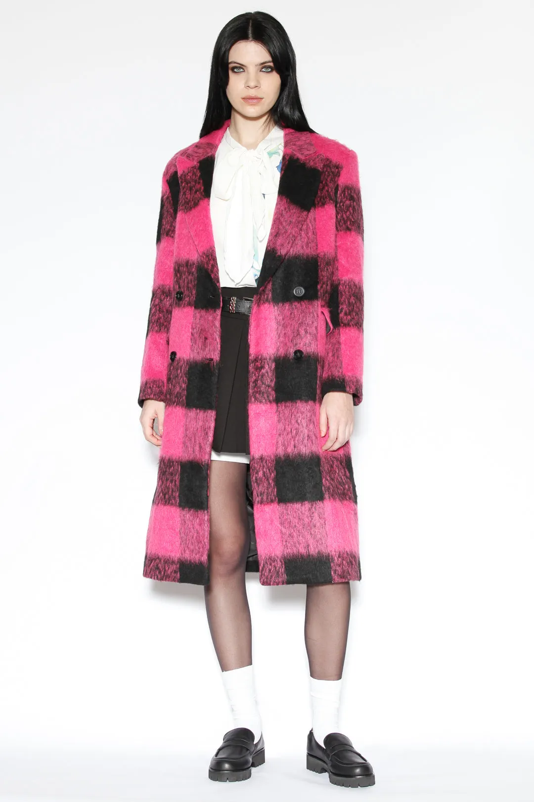 Heavy Wool Pink Black Plaid Coat