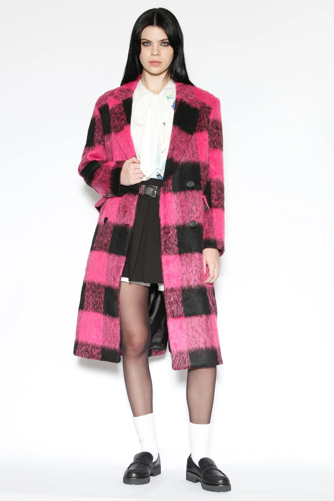 Heavy Wool Pink Black Plaid Coat