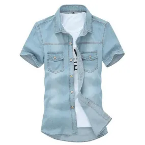 Hot Sale Men's Fashion Solid Short-sleeved Shirt Male Casual Comforatble Korean Style Turn-down Collar Denim Short