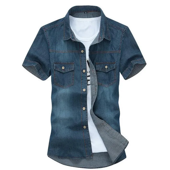 Hot Sale Men's Fashion Solid Short-sleeved Shirt Male Casual Comforatble Korean Style Turn-down Collar Denim Short