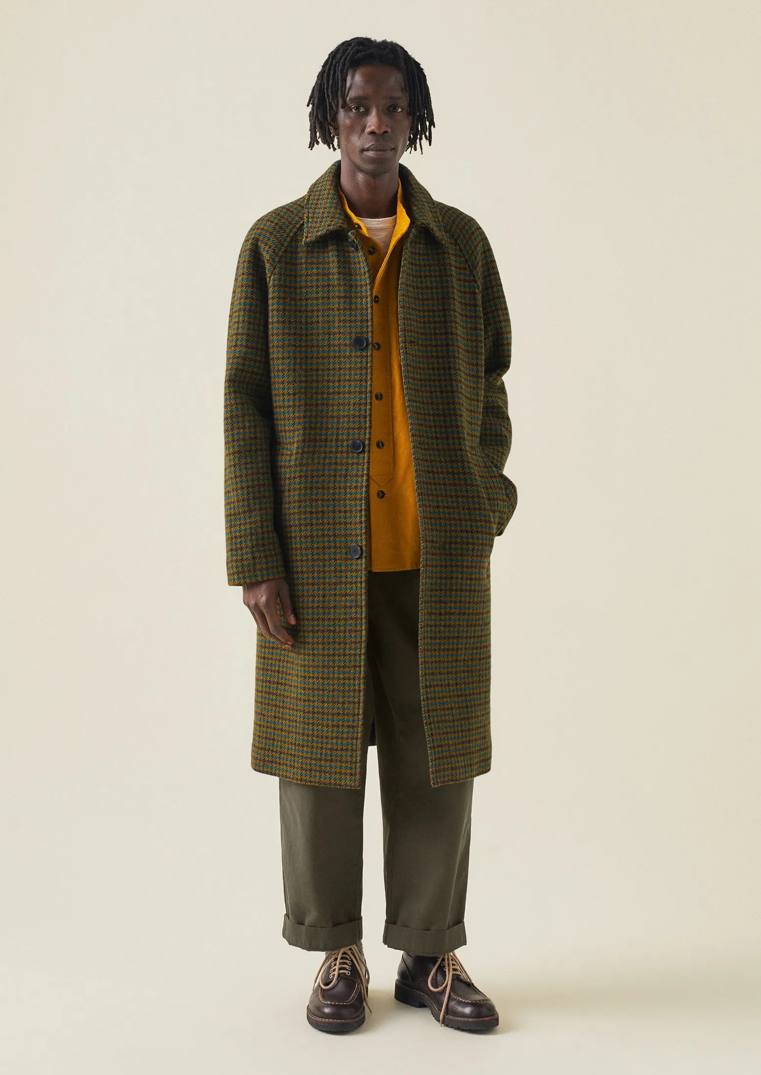 Houndstooth Wool Raglan Coat | Mustard/Multi