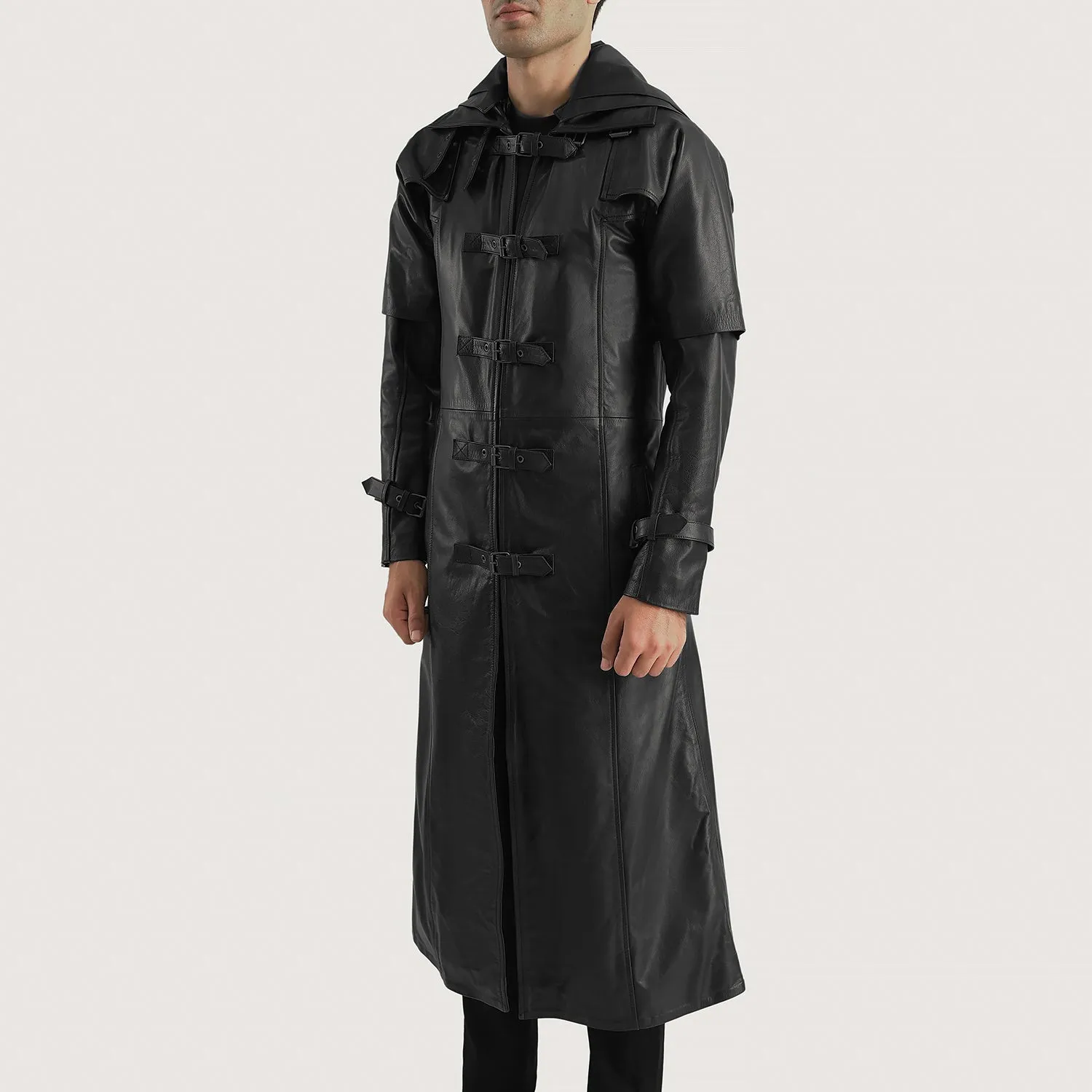 Huntsman Black Hooded Leather Trench Coat