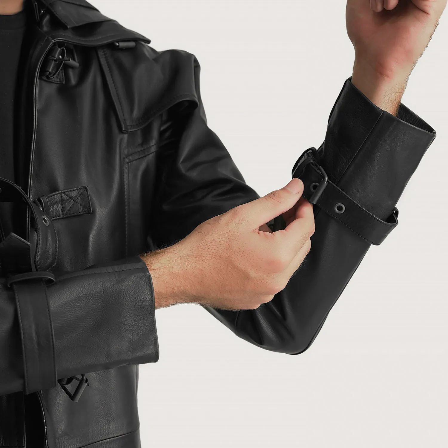 Huntsman Black Hooded Leather Trench Coat