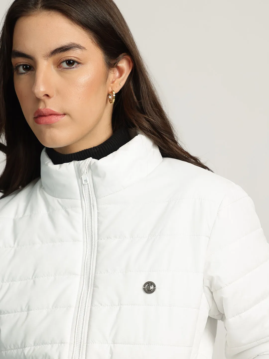 Iconic Women White Solid Stand Collar Full Sleeves Puffer Jacket