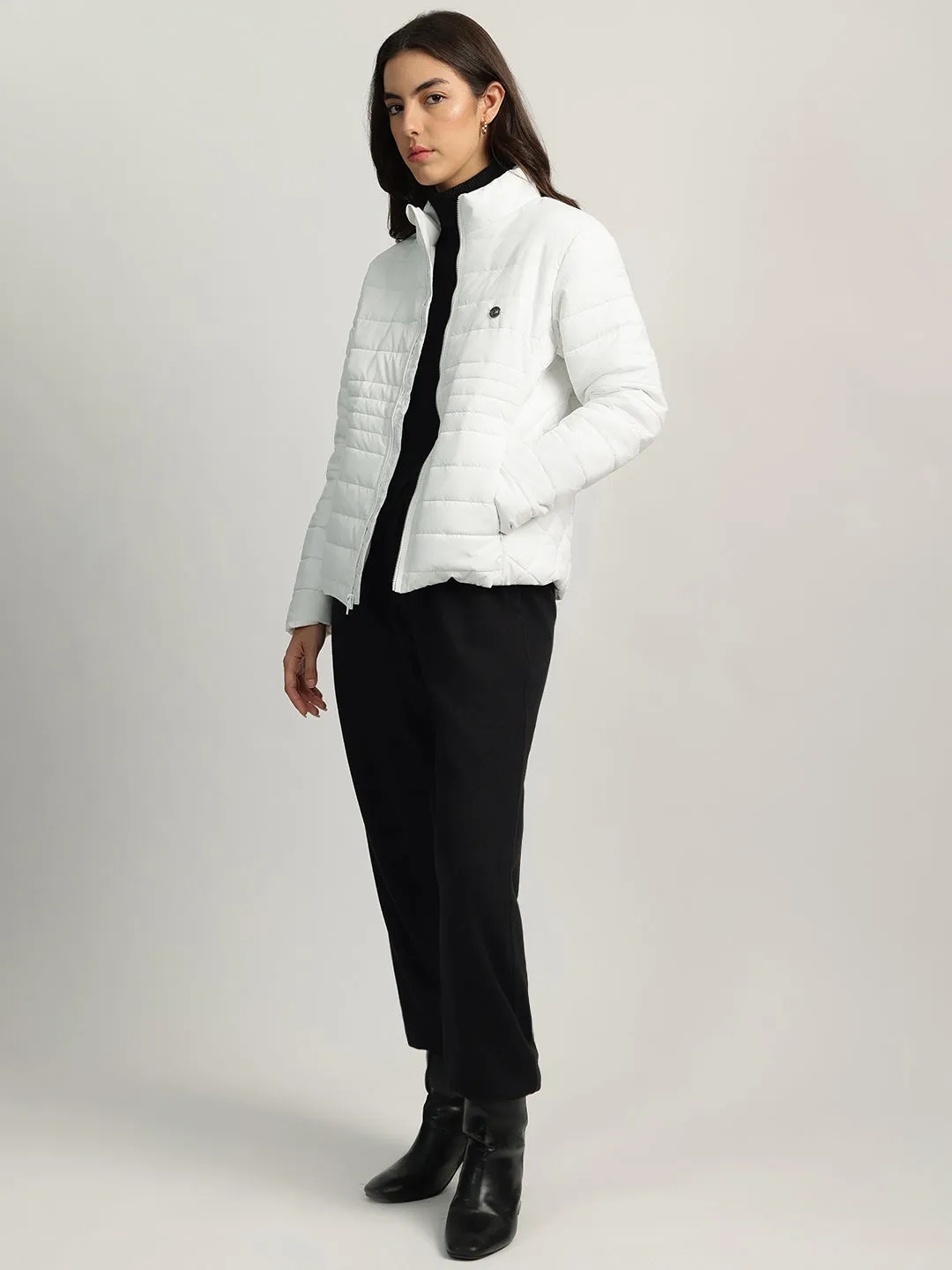 Iconic Women White Solid Stand Collar Full Sleeves Puffer Jacket