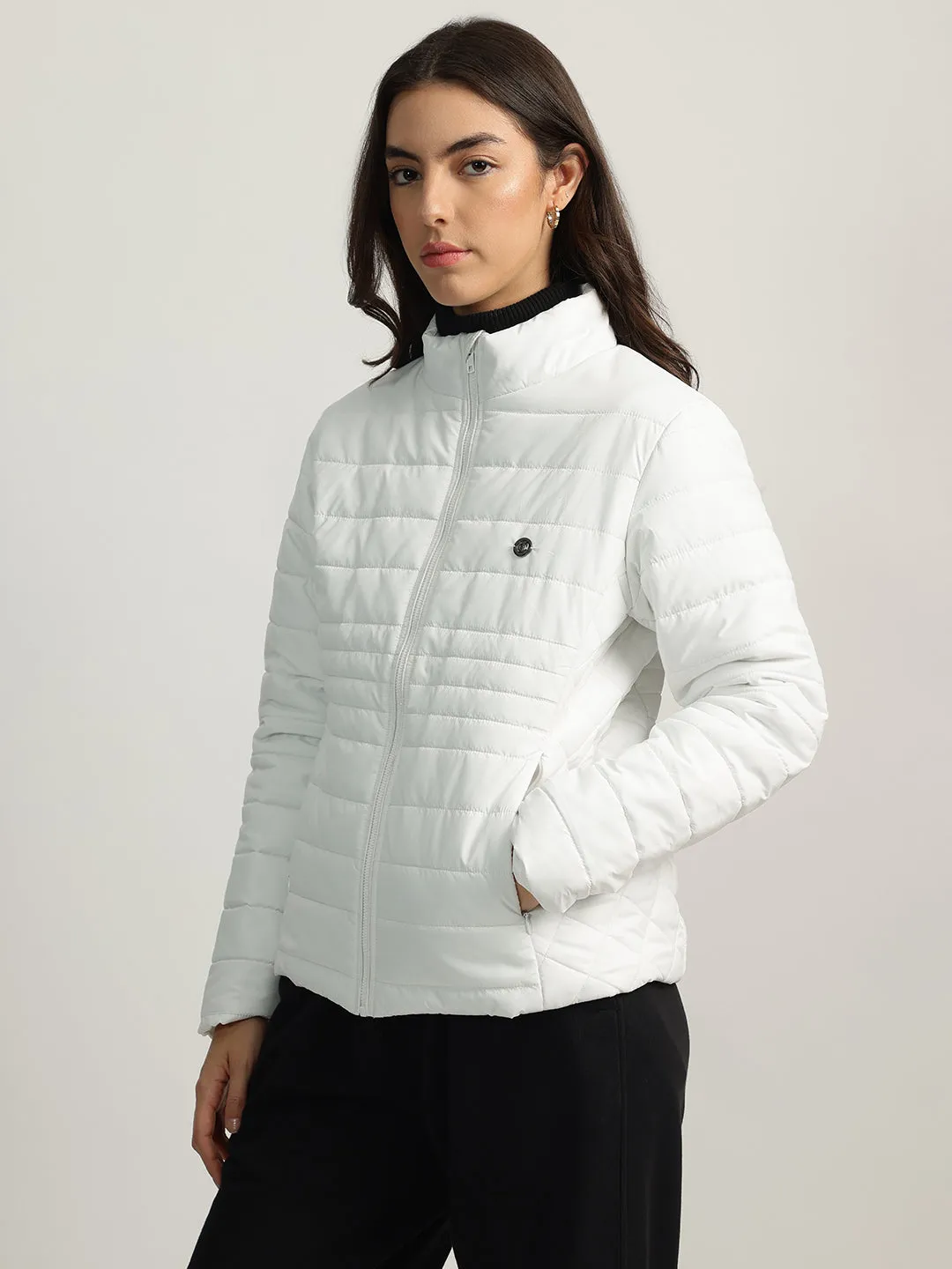 Iconic Women White Solid Stand Collar Full Sleeves Puffer Jacket