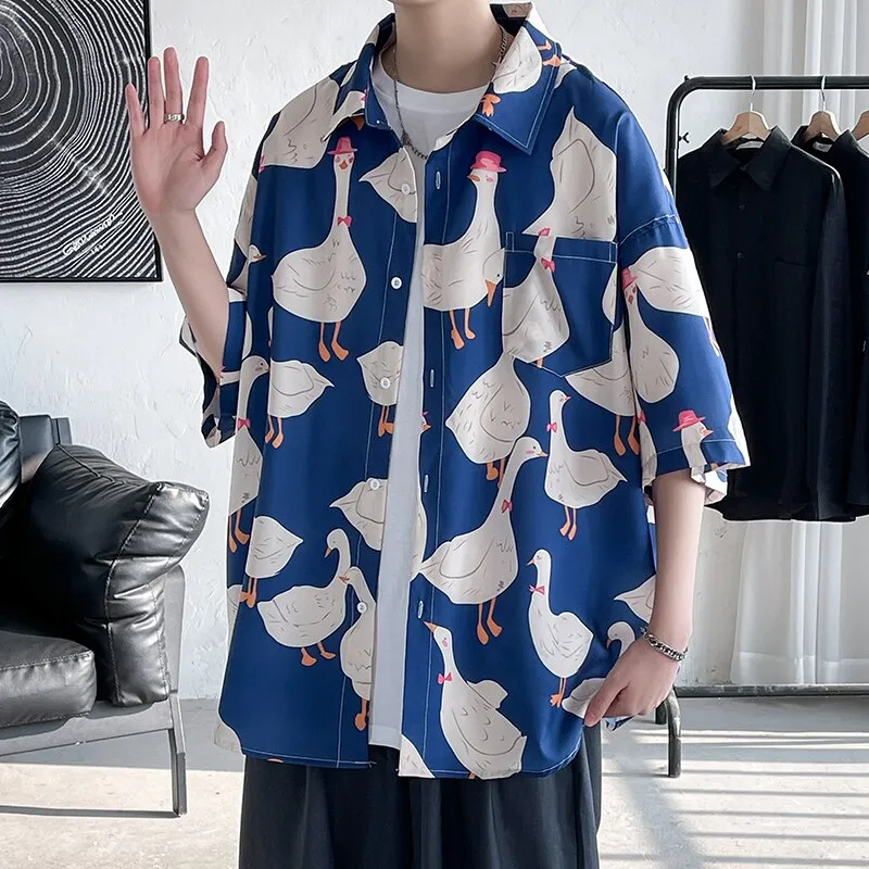 Ilooove Summer New Anime Print Men's Short Sleeve Shirts Harajuku Neutral Fashion Casual Oversize Hip Hop College Beach Shirt Coat 2023