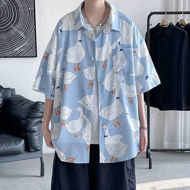 Ilooove Summer New Anime Print Men's Short Sleeve Shirts Harajuku Neutral Fashion Casual Oversize Hip Hop College Beach Shirt Coat 2023