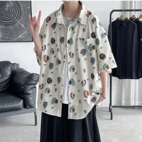 Ilooove Summer New Anime Print Men's Short Sleeve Shirts Harajuku Neutral Fashion Casual Oversize Hip Hop College Beach Shirt Coat 2023