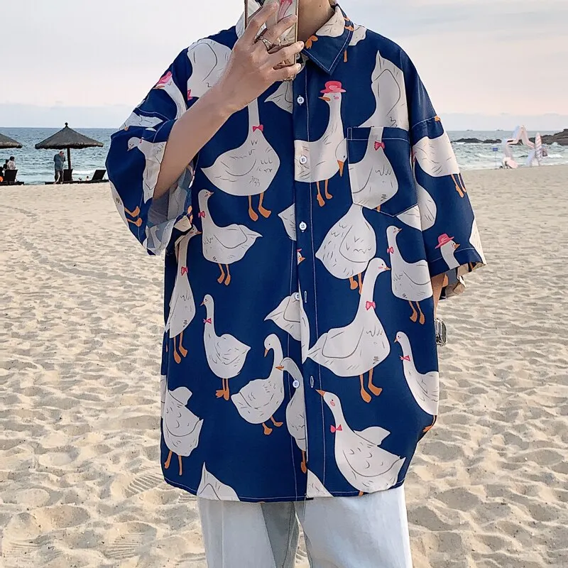 Ilooove Summer New Anime Print Men's Short Sleeve Shirts Harajuku Neutral Fashion Casual Oversize Hip Hop College Beach Shirt Coat 2023