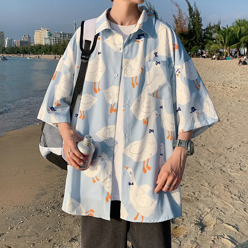 Ilooove Summer New Anime Print Men's Short Sleeve Shirts Harajuku Neutral Fashion Casual Oversize Hip Hop College Beach Shirt Coat 2023