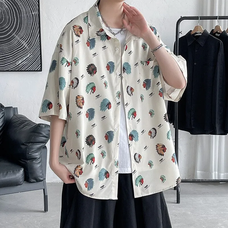 Ilooove Summer New Anime Print Men's Short Sleeve Shirts Harajuku Neutral Fashion Casual Oversize Hip Hop College Beach Shirt Coat 2023