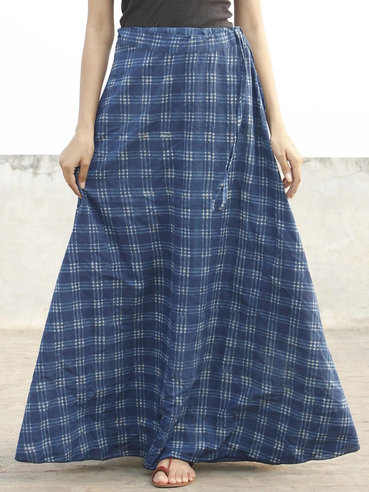 Indigo White Check Hand Block Printed Wrap Around Skirt  - S40F165