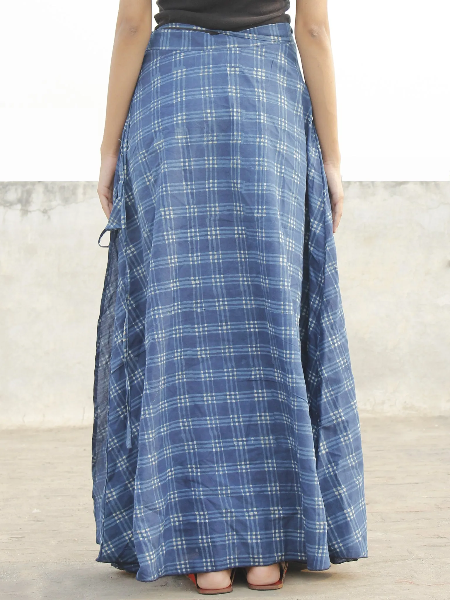 Indigo White Check Hand Block Printed Wrap Around Skirt  - S40F165