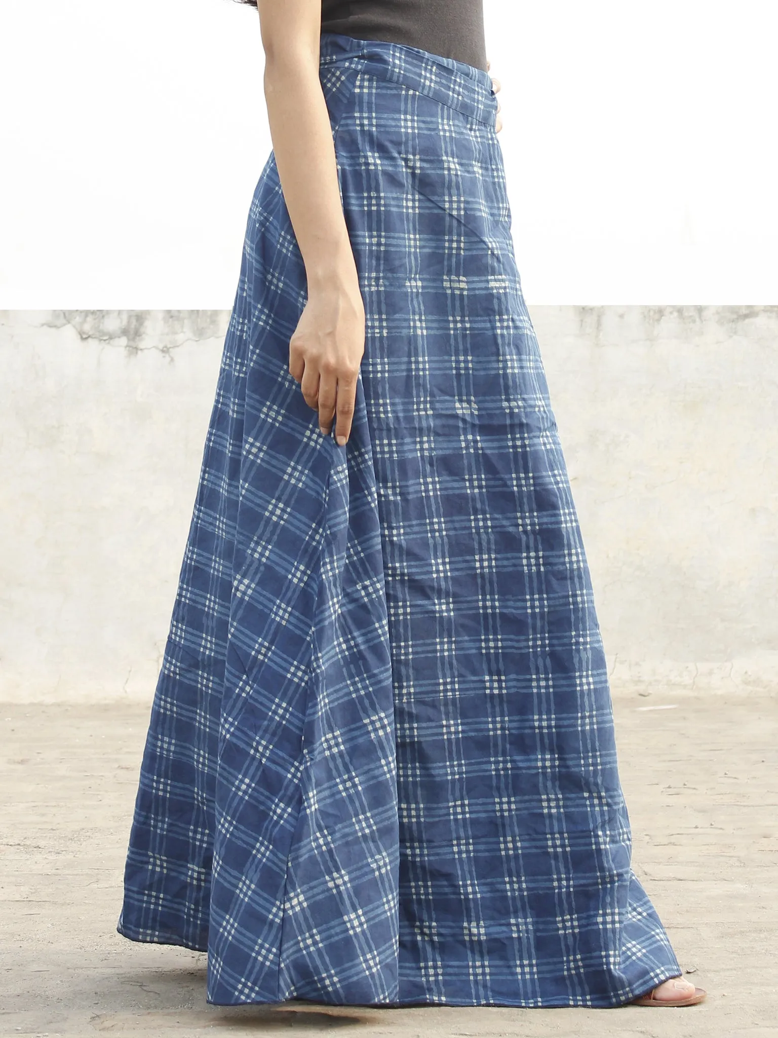 Indigo White Check Hand Block Printed Wrap Around Skirt  - S40F165