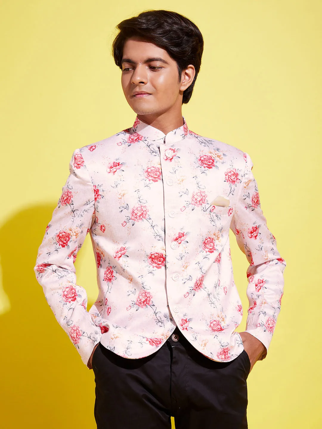 Jashvi Floral Printed Peach Bandhgala Prince Coat Jodhpuri