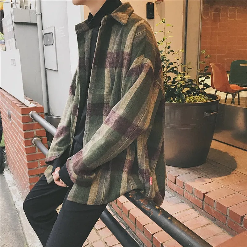 Jinquedai New Fashion Men Plaid Shirt Casual Loose Wool Jacket Coat Men Long Sleeve Shirt Mens Clothing Streetwear