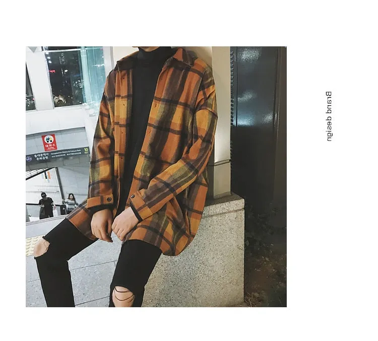 Jinquedai New Fashion Men Plaid Shirt Casual Loose Wool Jacket Coat Men Long Sleeve Shirt Mens Clothing Streetwear