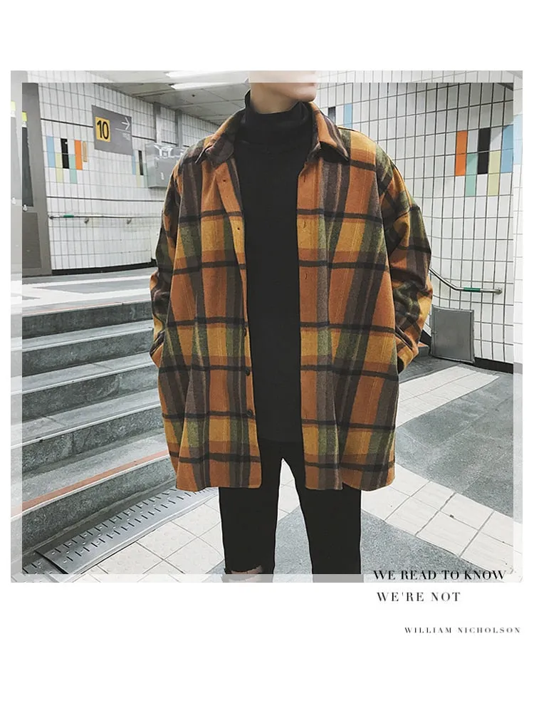 Jinquedai New Fashion Men Plaid Shirt Casual Loose Wool Jacket Coat Men Long Sleeve Shirt Mens Clothing Streetwear