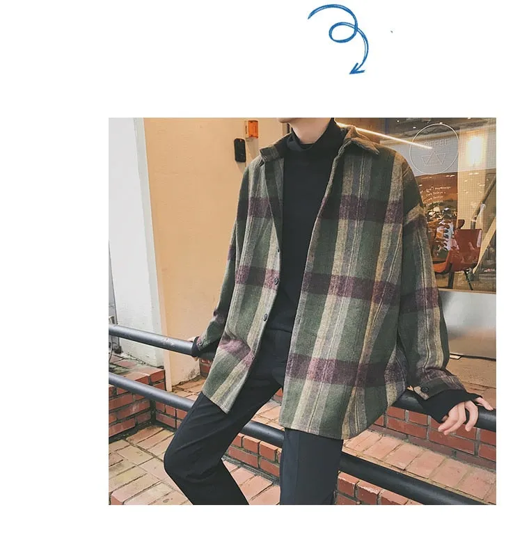 Jinquedai New Fashion Men Plaid Shirt Casual Loose Wool Jacket Coat Men Long Sleeve Shirt Mens Clothing Streetwear