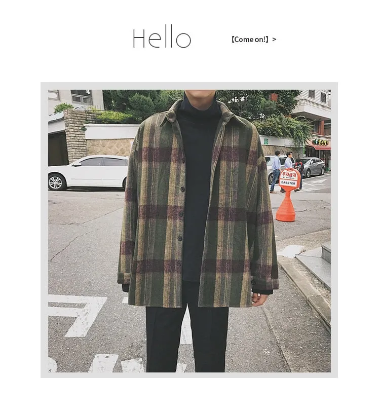 Jinquedai New Fashion Men Plaid Shirt Casual Loose Wool Jacket Coat Men Long Sleeve Shirt Mens Clothing Streetwear