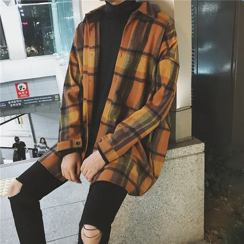 Jinquedai New Fashion Men Plaid Shirt Casual Loose Wool Jacket Coat Men Long Sleeve Shirt Mens Clothing Streetwear