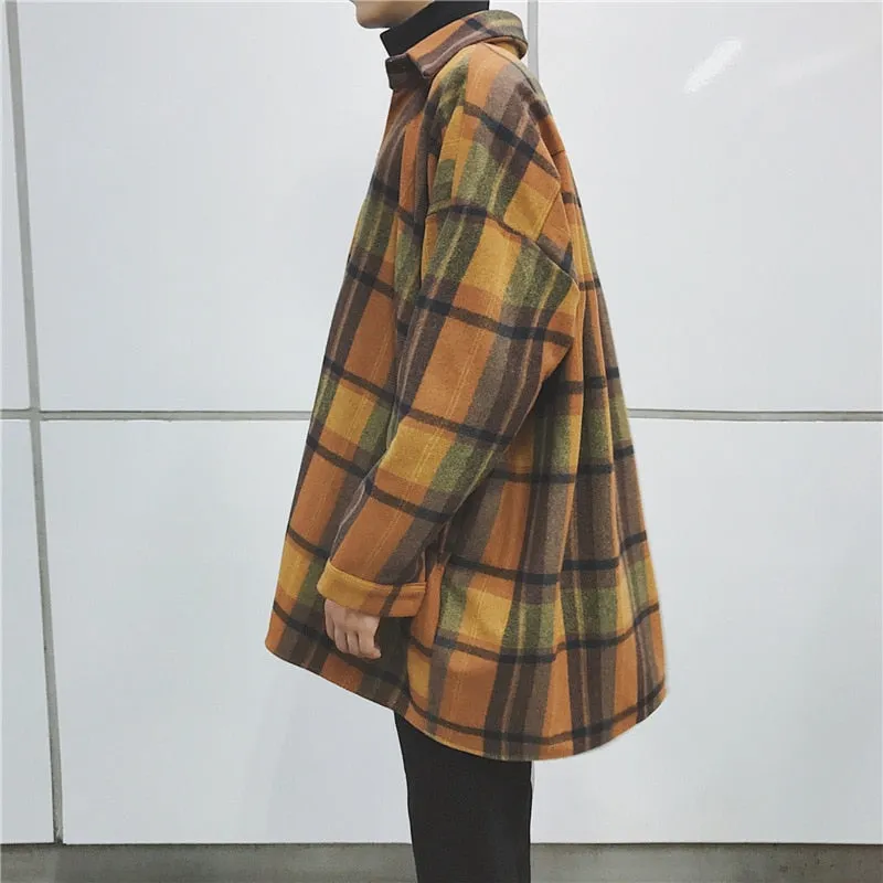 Jinquedai New Fashion Men Plaid Shirt Casual Loose Wool Jacket Coat Men Long Sleeve Shirt Mens Clothing Streetwear