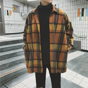 Jinquedai New Fashion Men Plaid Shirt Casual Loose Wool Jacket Coat Men Long Sleeve Shirt Mens Clothing Streetwear