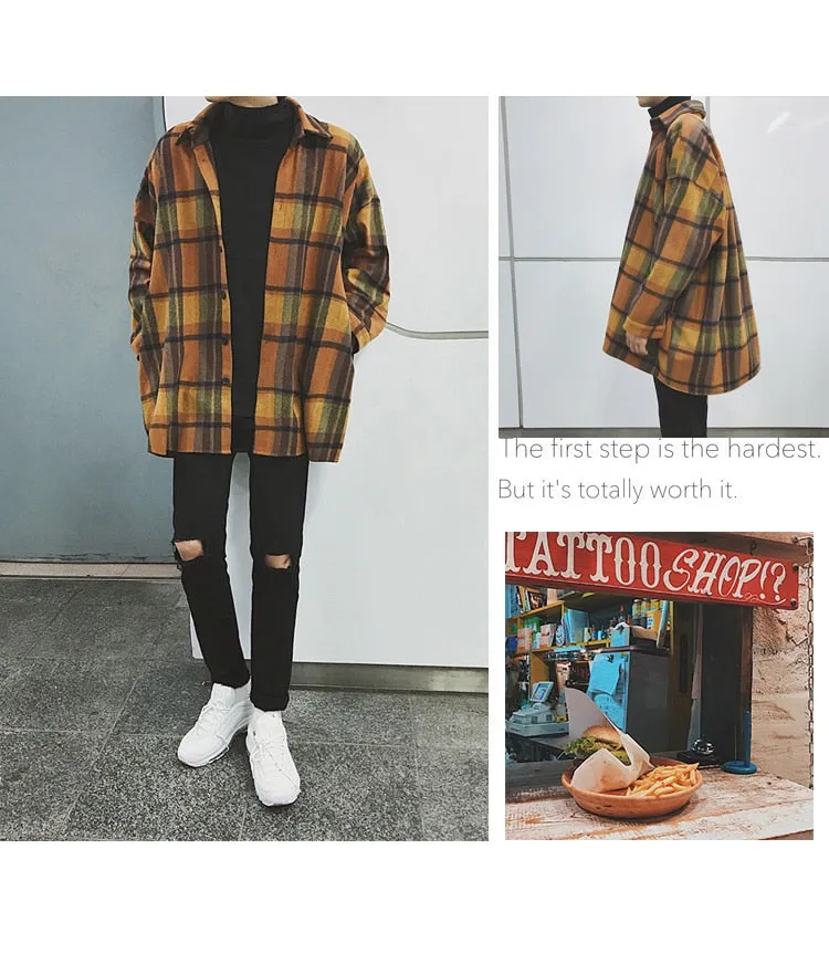 Jinquedai New Fashion Men Plaid Shirt Casual Loose Wool Jacket Coat Men Long Sleeve Shirt Mens Clothing Streetwear