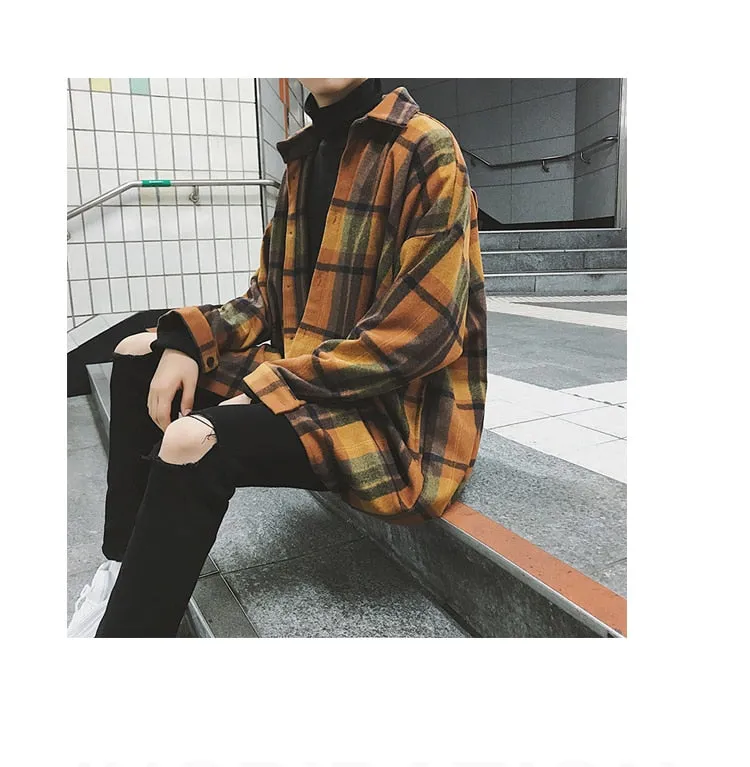 Jinquedai New Fashion Men Plaid Shirt Casual Loose Wool Jacket Coat Men Long Sleeve Shirt Mens Clothing Streetwear