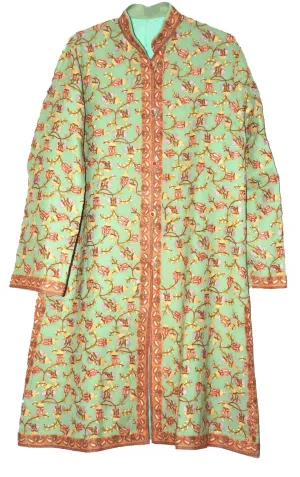 Kashmiri Woolen Coat Green, Multicolor Embroidery #AO-166