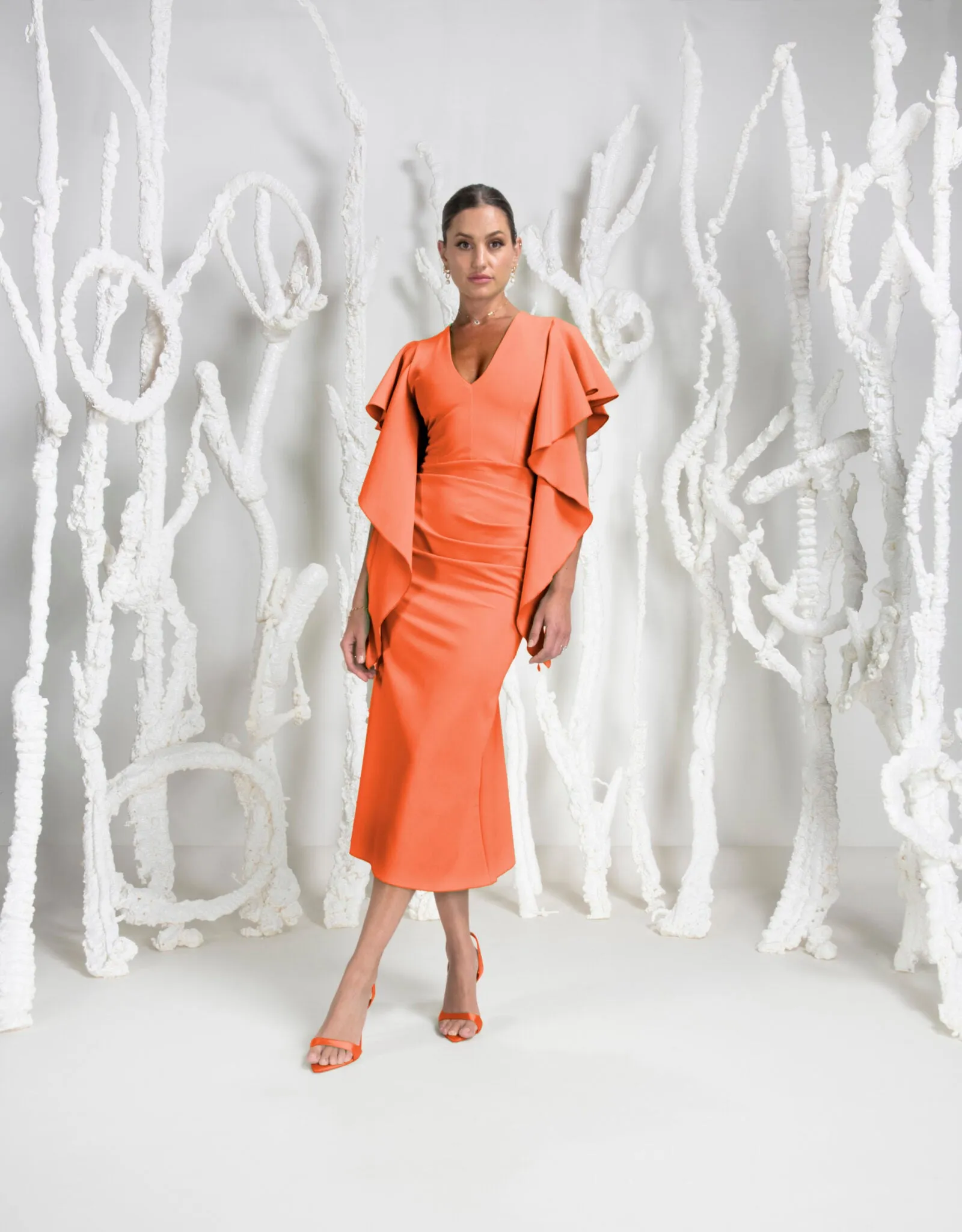 Kevan Jon Tilly frill midi dress in orange