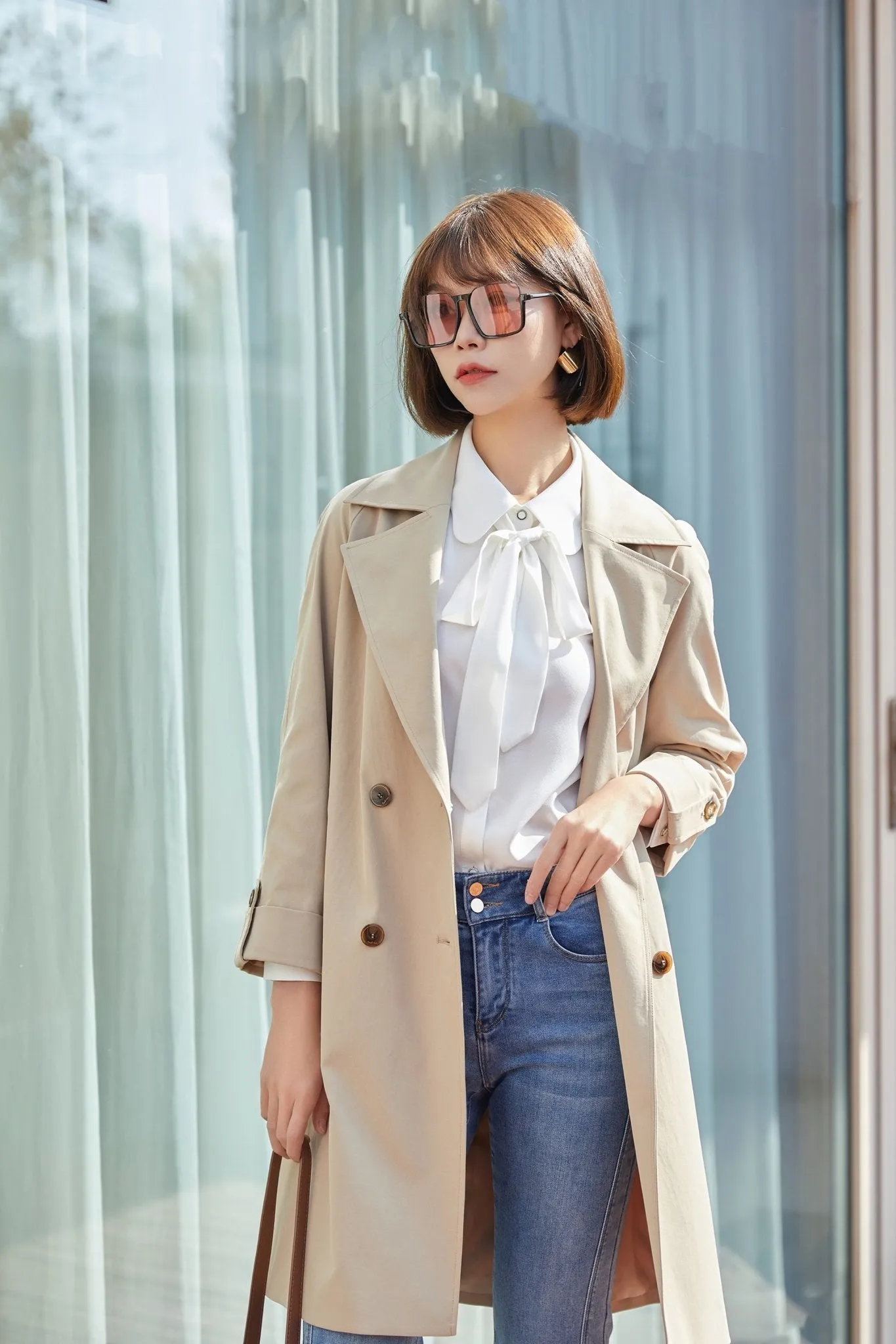 Khaki Double Breasted Collar Belted Trench Coat