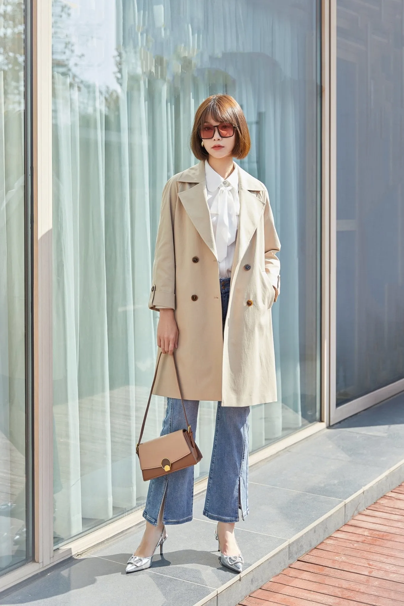 Khaki Double Breasted Collar Belted Trench Coat