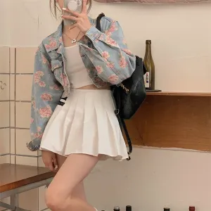 KittenAlarm - Rose Pattern Loose Short Jeans Jacket