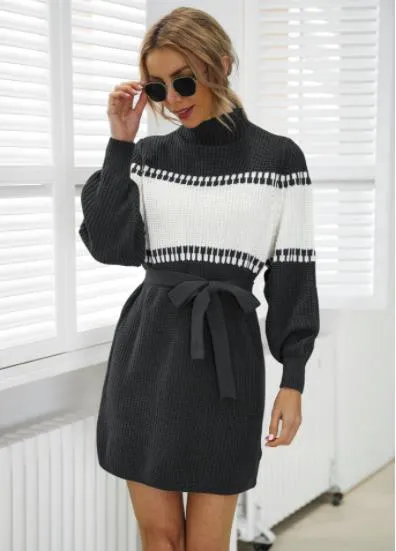 Knitted dress half high collar Lantern Sleeve color contrast