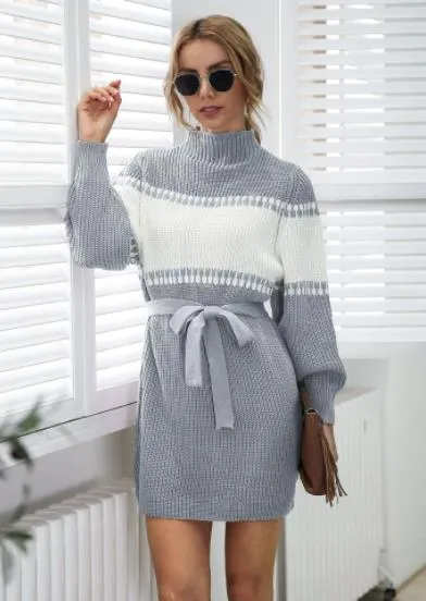 Knitted dress half high collar Lantern Sleeve color contrast