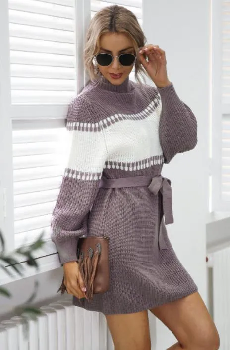 Knitted dress half high collar Lantern Sleeve color contrast