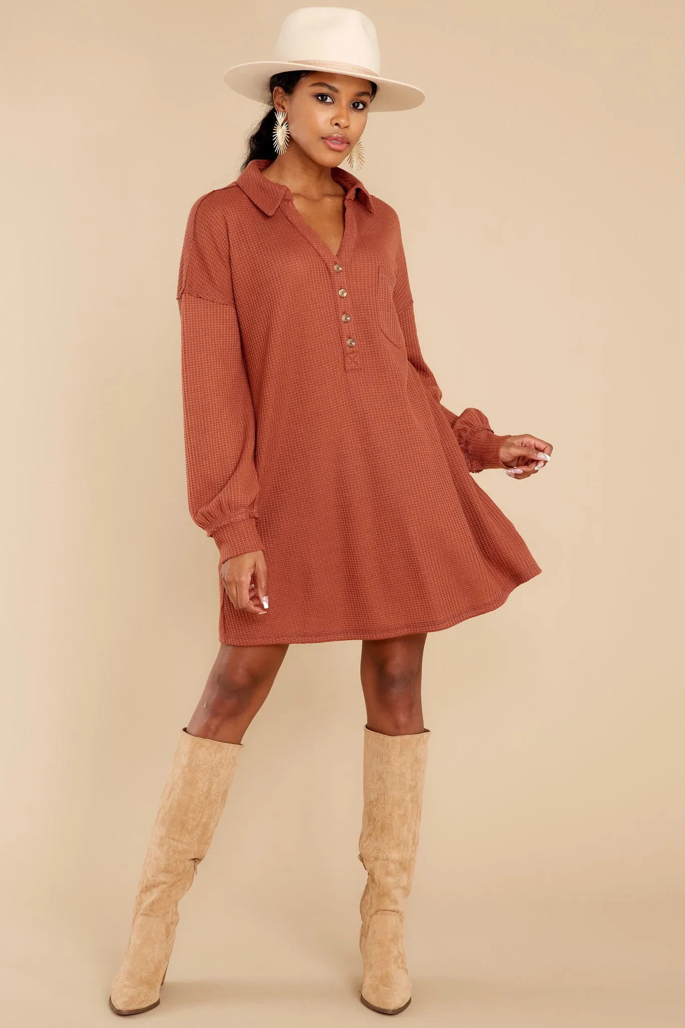 Know Your Worth Rust Waffle Knit Dress