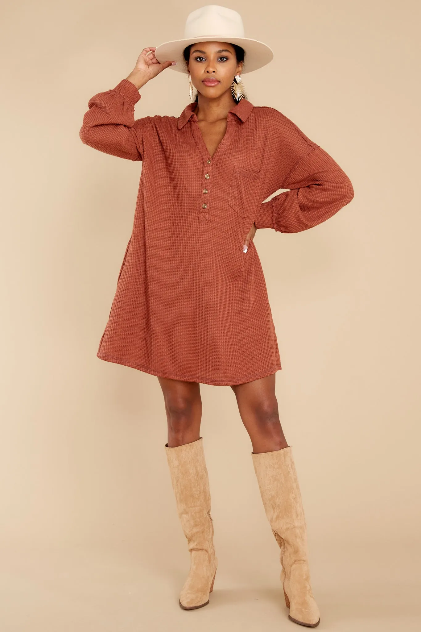 Know Your Worth Rust Waffle Knit Dress