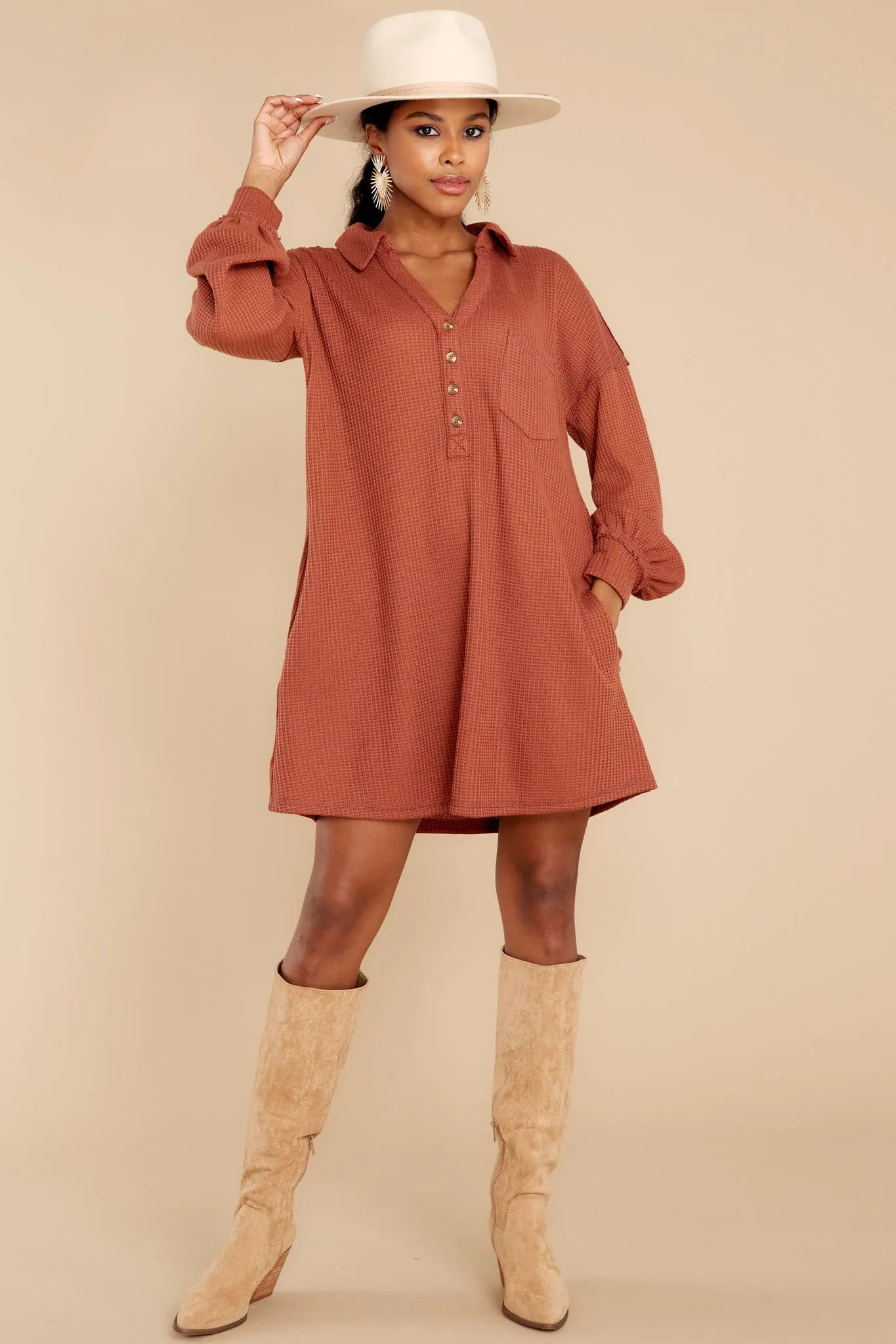 Know Your Worth Rust Waffle Knit Dress