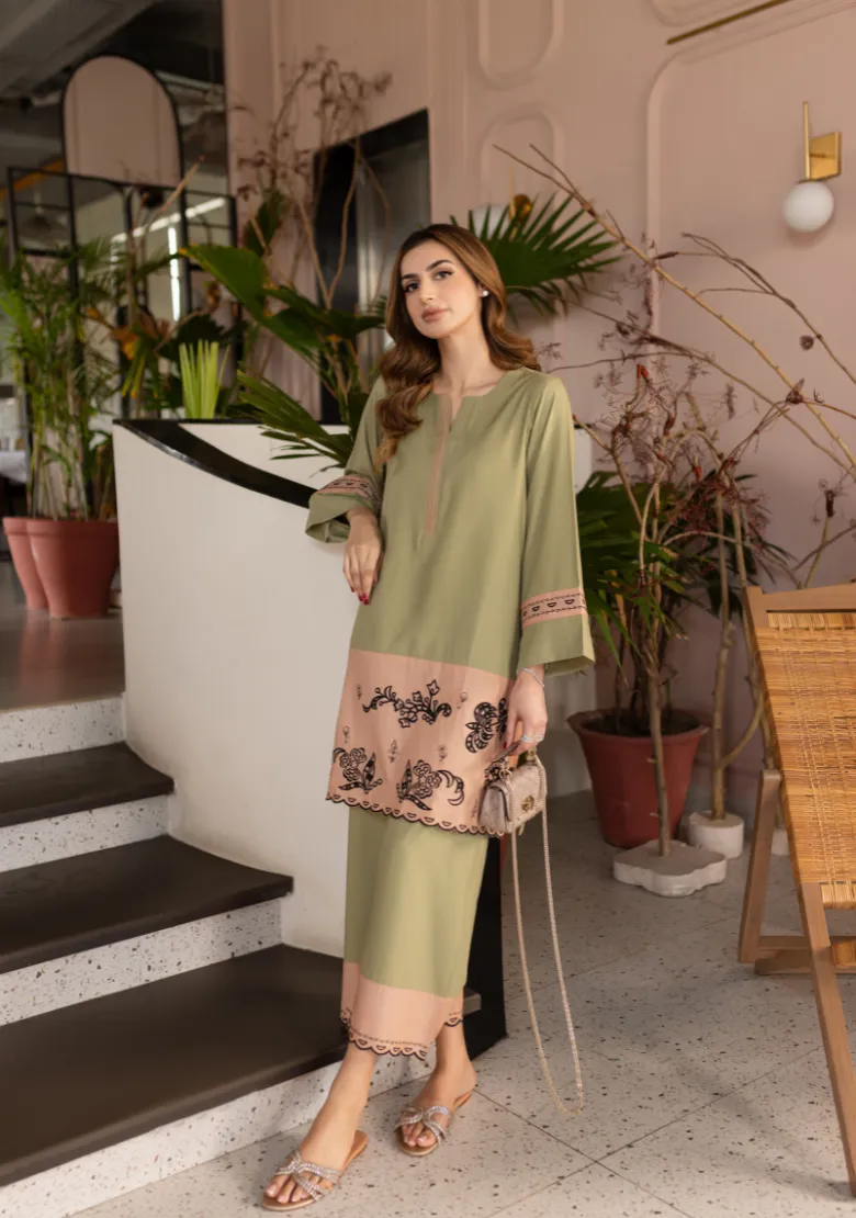 Laidback Luxe '24 - Olive-Peach Embroidered Set